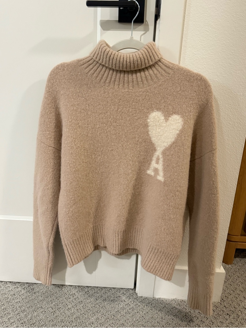 Ami Alexandre Mattiussi Beige Mock Neck Sweater with White Heart A